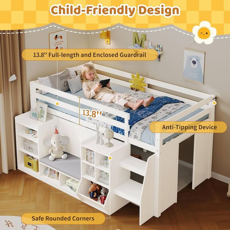 Twin Loft Bed with LED Lights and Storage Bookcase Reading Nook Secret Play Space