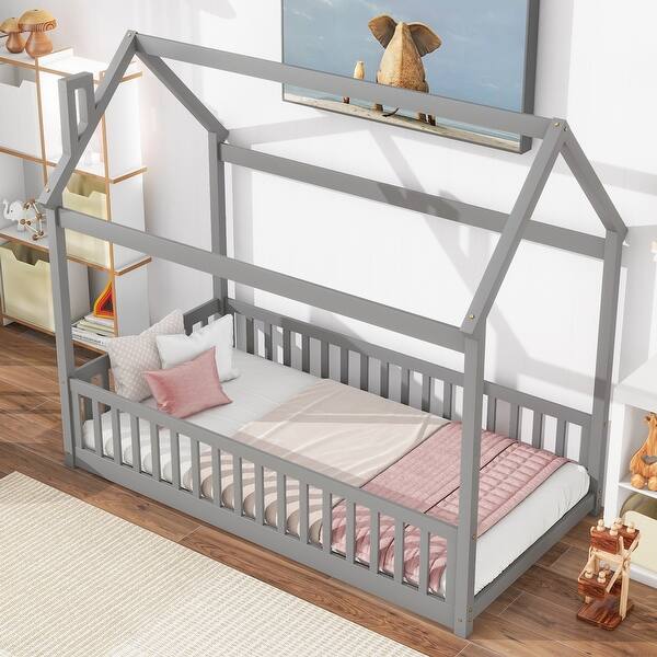 slide 2 of 27, Twin Size House Bed with Guardrails, Slats, , Easy Assembly Grey