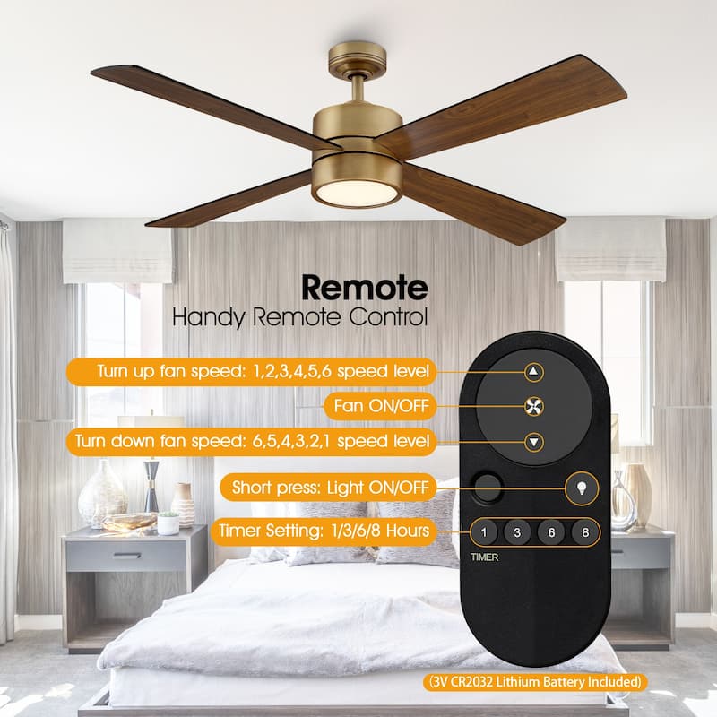 52" Natural Brass Modern Reversible Downrod Mount LED Ceiling Fan with Light and Remote - 52 in. D x 52 in. W x 12.9 in. H