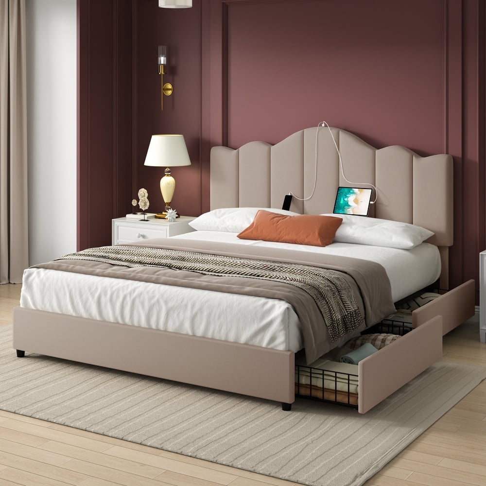 VECELO Upholstered Storage Bed Frames with Charging Stations and 4 Rolling Drawers on Both Sides Vertical Stripe Design