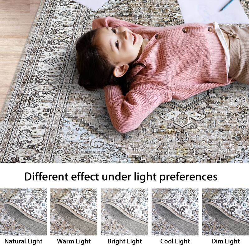 Washable Rug Vintage Medallion Area Rugs for Living Room Bedroom, Non-Skid Low Pile Floral Rug Soft Foldable Rug