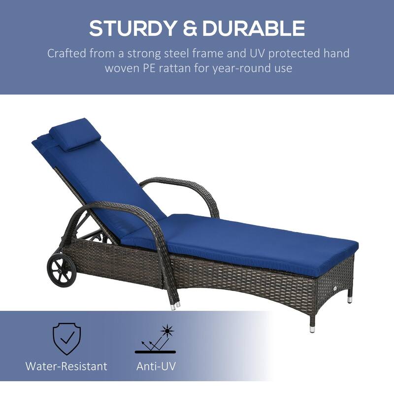 Outdoor PE Rattan Recliner with Wheels and Armrests