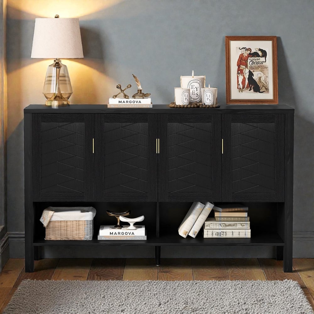 55.1" Modern Sideboard Buffet Cabinet with 4 Doors, Open Shelf, Adjustable Shelves & Side Hooks for Living Room or Dining