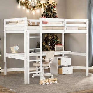 Twin Loft Wood Bed with Under-bed, Built-in Desk, a Storage Cabinet of 2 Drawers, Guardrails, Ladder