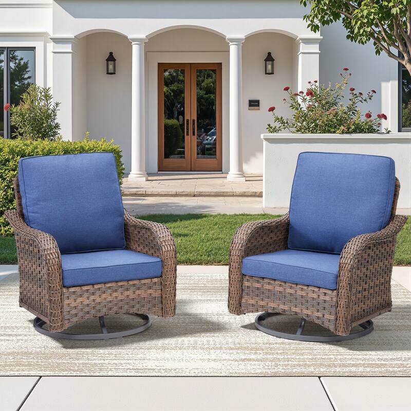 Pocassy Outdoor Patio Furniture Set PE Wicker Sofa Set - Blue Cushion - Brown Wicker - 2 Piece Swivel Chair