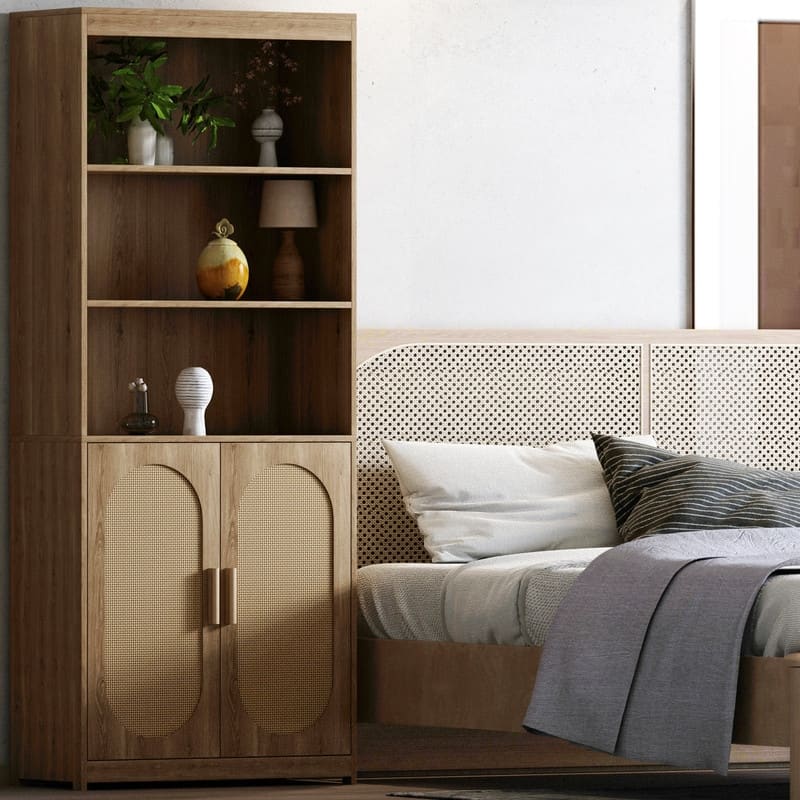 Bookshelf 5 Tier Book Shelf Rattan Tall Bookcase with Doors Storage