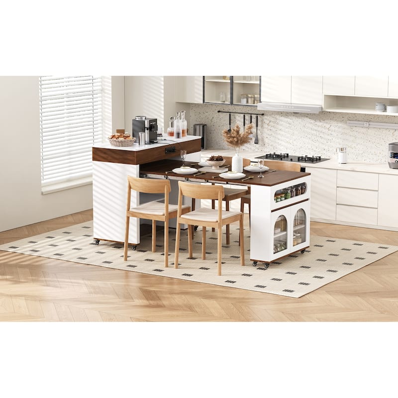 Rolling Kitchen Island with Extendable Table, Drawers, Power Outlet and Brake lock, Storage Cabinet