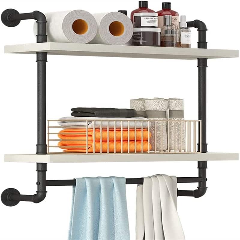 2 Tier Wood Floating Shelves Towel Rack - 7.87"D x 24"W x 25.6"H - White