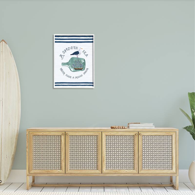 Stupell Ship In Bottle Seagull Striped Nautical Phrase Framed Wall Art, Design by Raquel Maciel - Blue