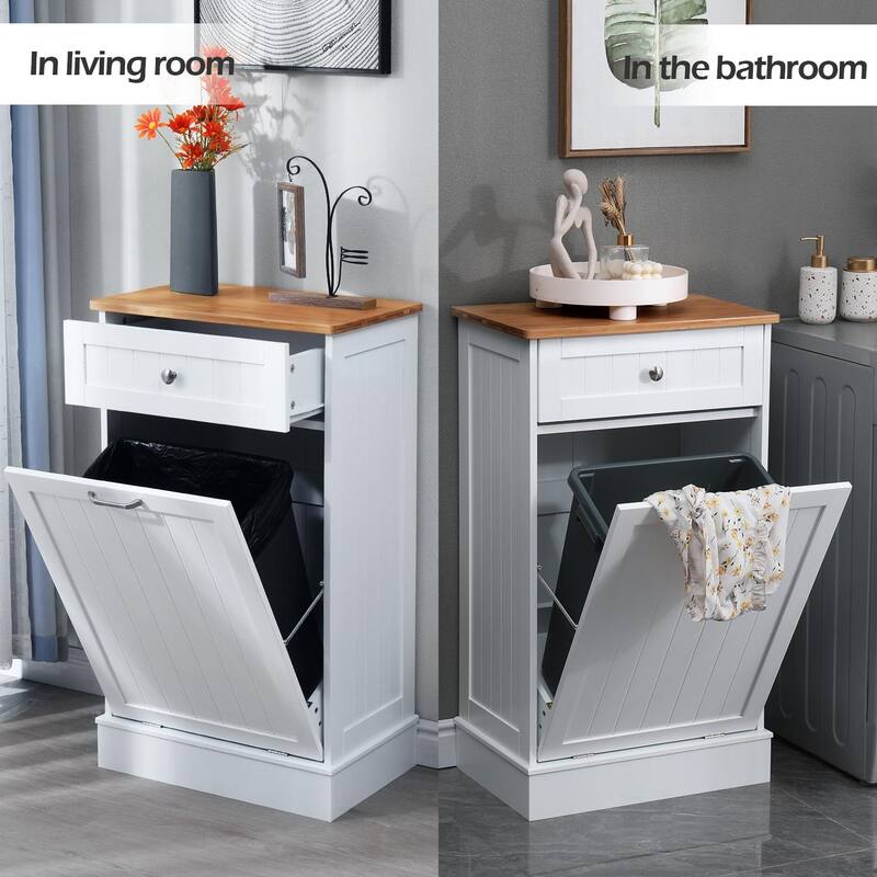 Erommy Tilt Out Trash Cabinet, Wooden Kitchen Trash Can Free Standing Waste Bin, Recycling Hideaway Garbage Can Holder