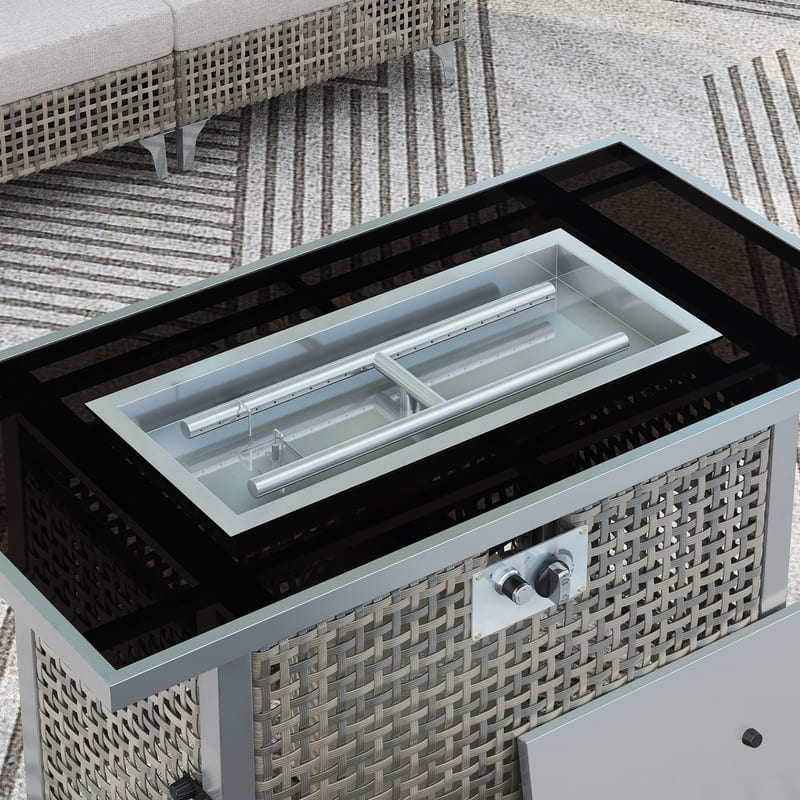 43" Propane Gas Fire Pit Table, 60000 BTU Rectangular Open Weave Wicker Fire Pit with Glass Wind Guard