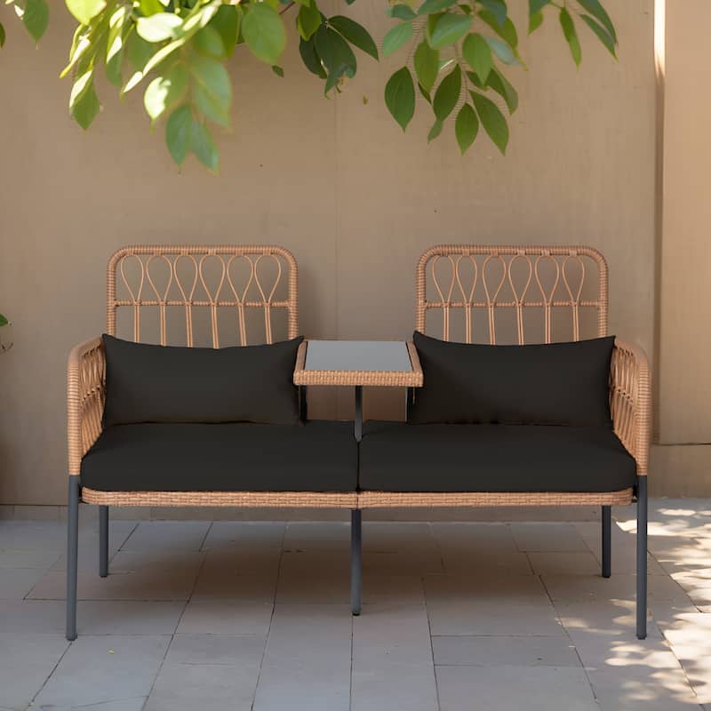 Outdoor Woven Rattan Loveseat Conversation Furniture Set with Cushions - Black