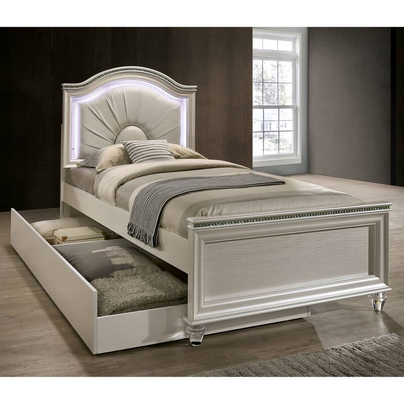 Ving Glam Wood LED Light Youth Panel Bed with Trundle by Furniture of America - Pearl White - Full