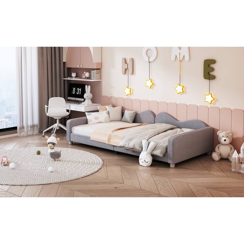 Gray Twin Size Sherpa Fabric Upholstered Daybed with Cloud Backrest