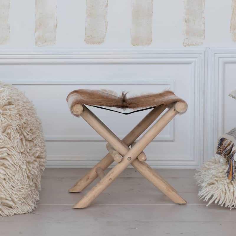 Teakwood and Goat Fur Folding Stool