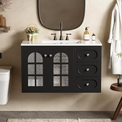 Floating Bathroom Vanity Black Wall Cabinet with Basin Sink Platform, Hazy Embossed Glass Doors, 3 Drawers and Metal Knobs