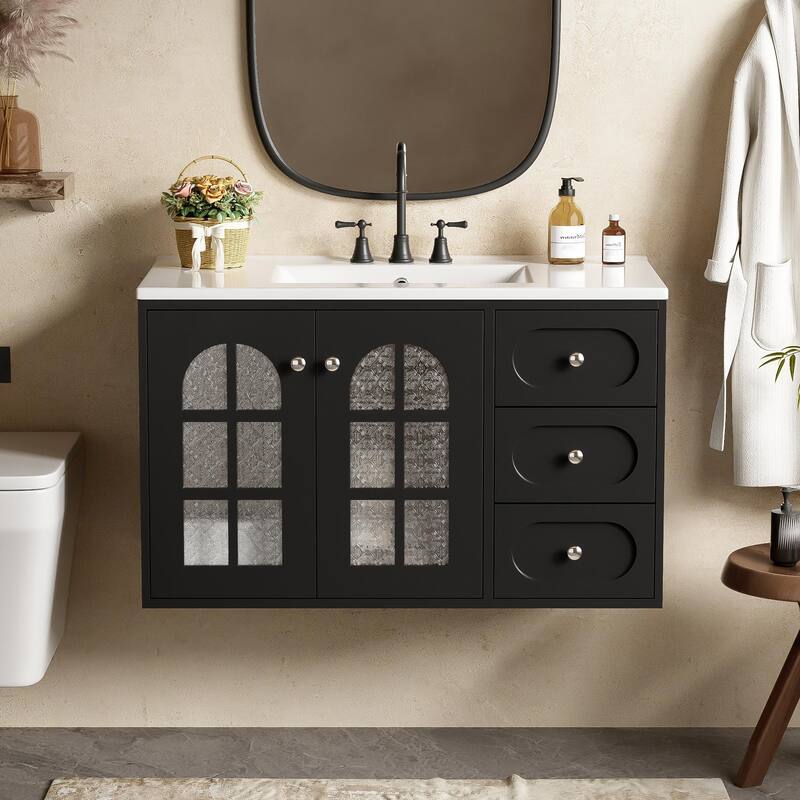 Roomfitters 36" Floating Vanity with Ceramic Sink, Wall Mounted Bathroom Cabinet with 3 Drawers and Soft-close System, Black