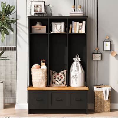 Modern Hall Tree for Hallway with 3 Shelves and Drawers, 65.4''H Wood Coat Tree with Storage Bench for Living Room