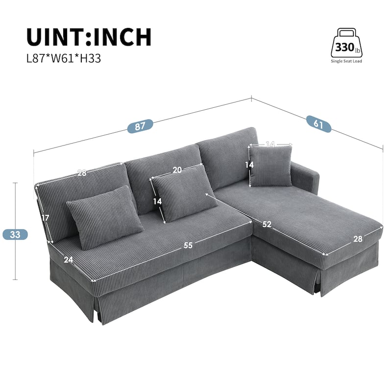 87" Modern L Shaped Sofa with Reversible Chaise,Corduroy Upholstered Sectional Sofa with Pillows