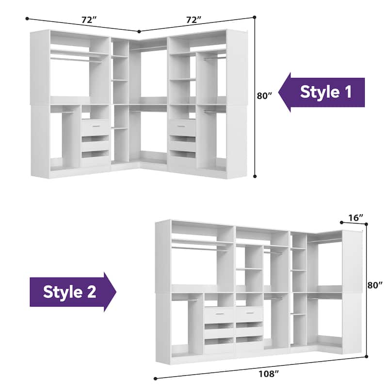 Qvella 72"-108" Closet System with Drawers and Hanging Rods,Freestanding Walk-in Closet Organizer System Wardrobe Closet Tower