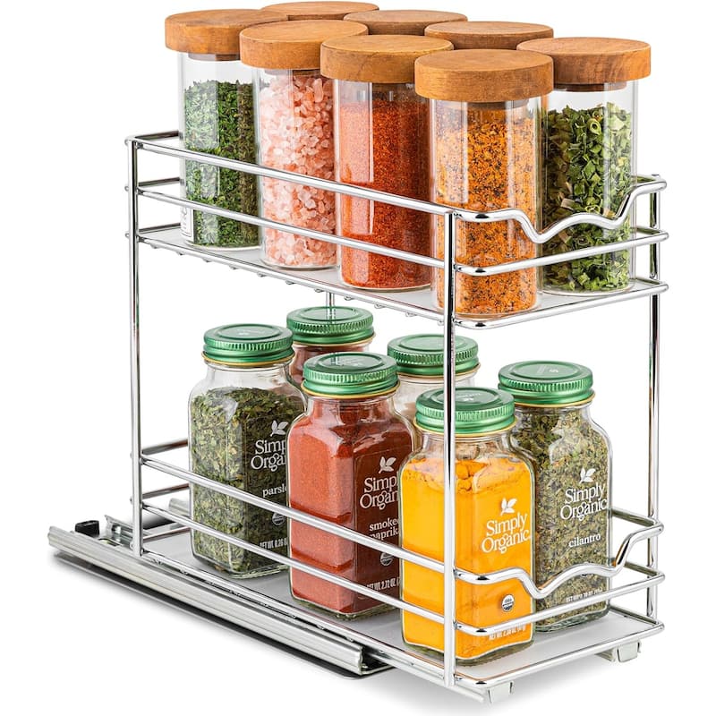 Hold N' Storage - 2 Tier Pull Out Cabinet Organizer for Spices, Cans - Heavy Duty with Lifetime Limited Warranty - 4.5" W x 10.375" D x 8.875" H - Chrome