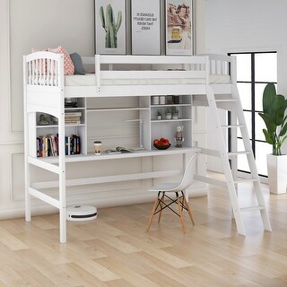 Twin Size Solid Pine Wood Loft Bed with Storage Shelves, Desk and ...