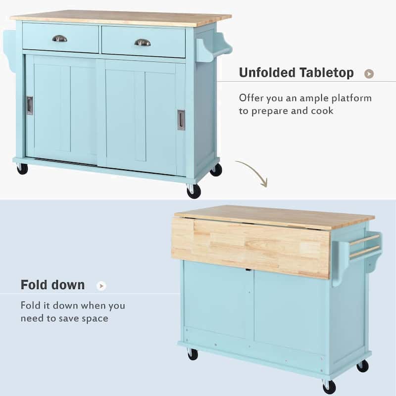 Kitchen Cart with Rubber wood Drop-Leaf Countertop - Mint Green