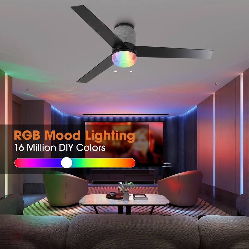 52" Modern Black RGB LED Smart Flush Mount Ceiling Fan with Light and Remote, App Control, Voice Control