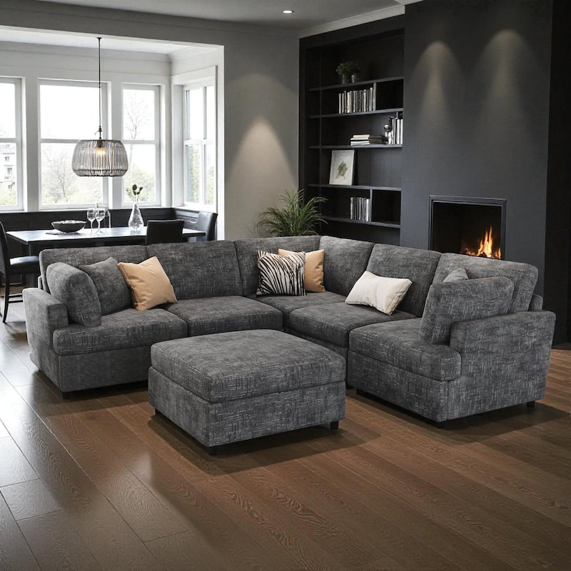 127" U-Shaped Modular Sectional Sofa with Movable Ottoman, 6-Piece Chenille Couch Set with Pine Wood Frame for Living Room