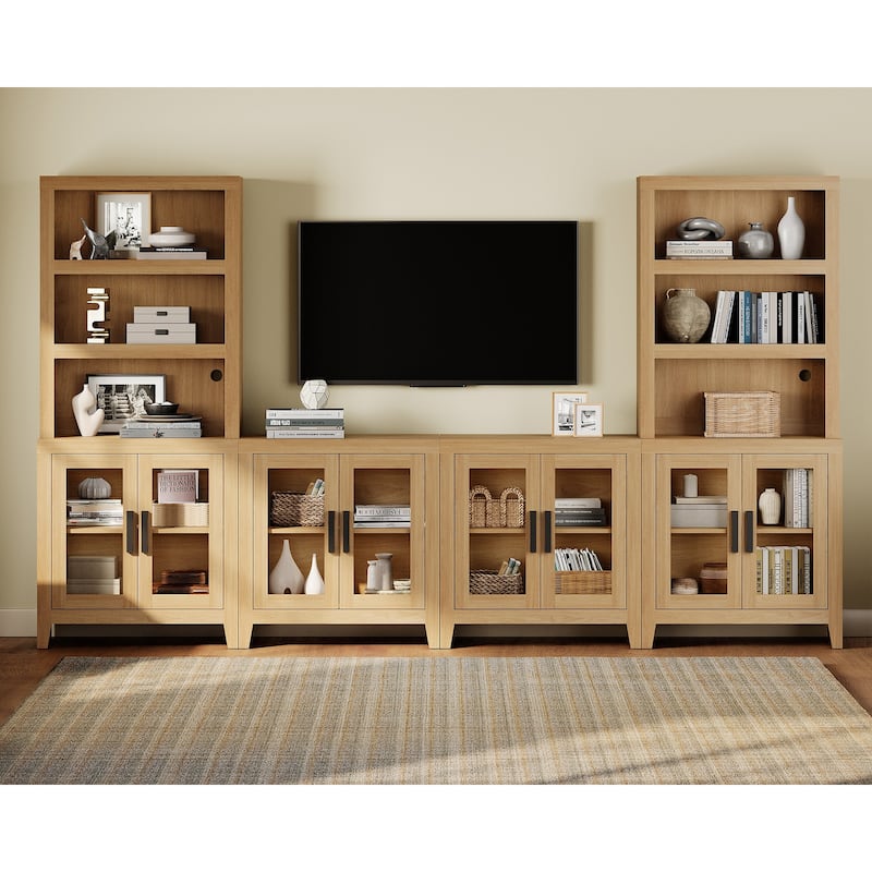 WAMPAT Farmhouse Entertainment Center with Bookshelves, Modular TV Stand with Storage Cabinets & Glass Doors - Oak