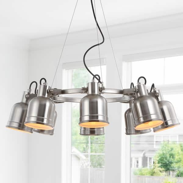 slide 2 of 12, Liam 26.5" 8-Light Metal LED Pendant Chandelier, Nickel by JONATHAN Y Silver