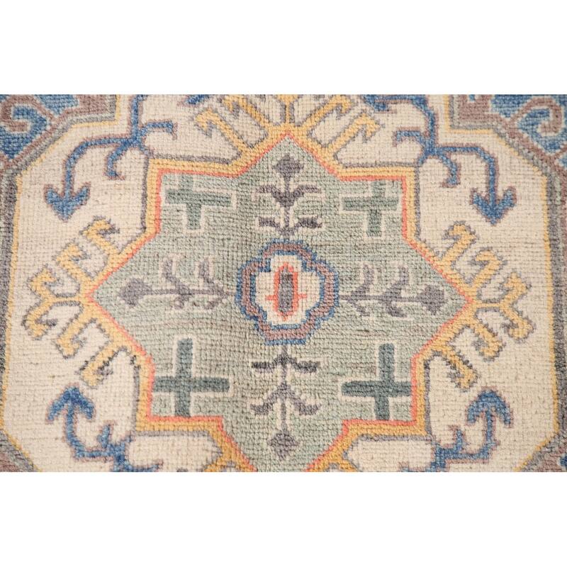 Geometric Blue Kazak Living Room Area Rug Hand-Knotted Wool Carpet - 6'8" x 9'9"