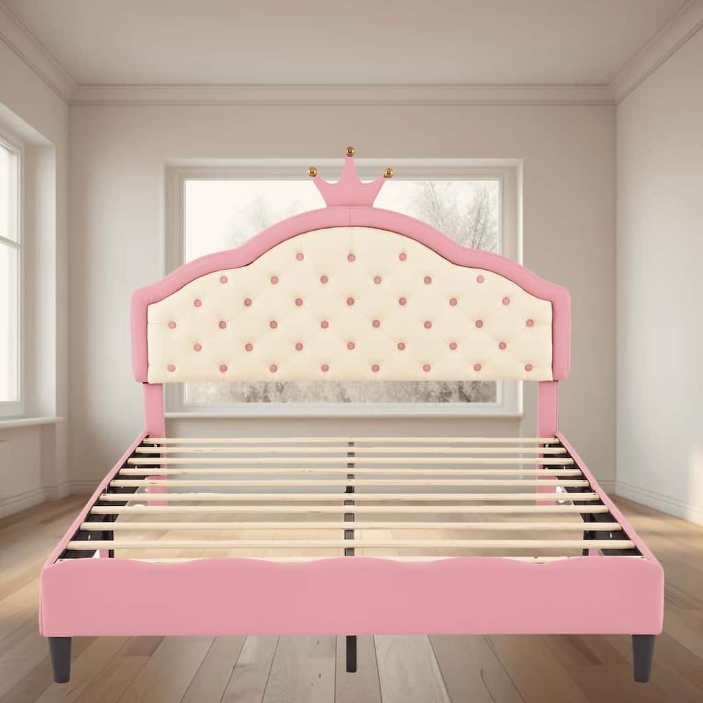 Princess Bed with Crown Headboard and Tufted PU Leather, Dreamy Design, Full and Twin Size, Comfortable and Sturdy for Bedroom