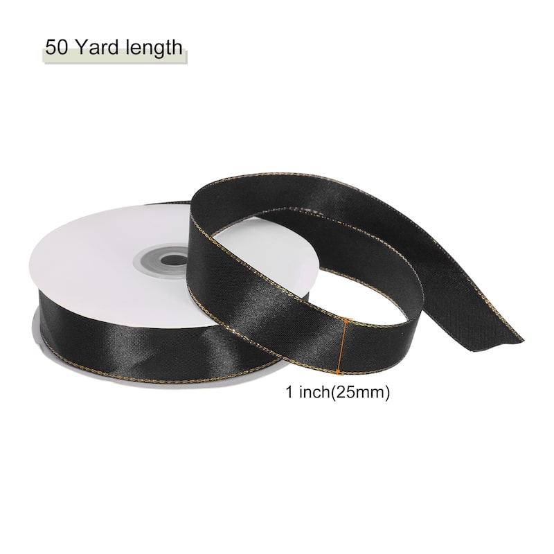 Satin Ribbon with Gold Edges Border Grosgrain Fabric Ribbon for Decor - Black - 1 Inch x 50 Yard