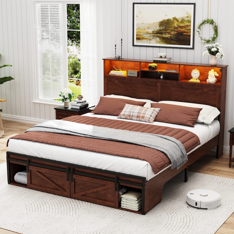 Brown Platform Bed Frame with Charging Station and LED Lights, Open Bookcase Headboard, Sliding Barn Door Storage at the Foot - Brown - Full