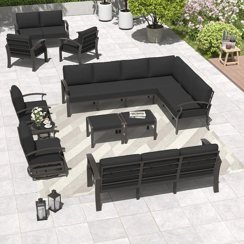 Aluminum Patio Furniture Set with FirePit Ottomans Swivel Chairs,Sectional Sofa with Thick Seat Cushions for Porch Garden