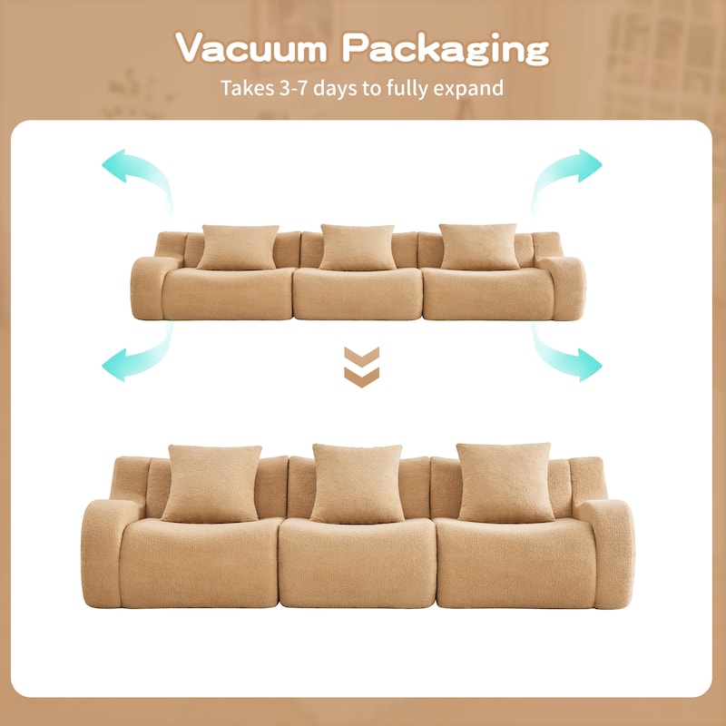 Modern 3-Seater Boneless Sofa, 115.3" Teddy Fabric Couch with Curved Armrests, Anti-Slip Base, No Assembly for Living Room