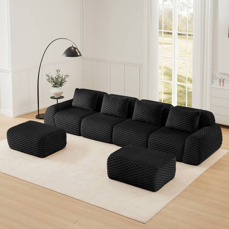 146" Modern U-Shaped Flannelette Boneless Modular Sectional Sofa with Ottoman - Black