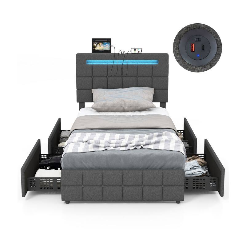 Upholstered Queen LED Bed Frame with Headboard and 4 Drawers-Queen Size