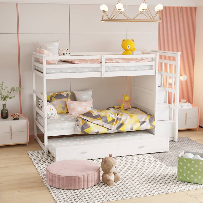 Solid Wood Bunk Bed , Hardwood Twin Over Twin Bunk Bed with Trundle and Staircase