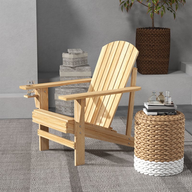 Outsunny Wooden Adirondack Chair, Outdoor Patio Lawn Chair with Cup Holder, Weather Resistant Lawn Furniture, Classic Lounge - Natural Wood