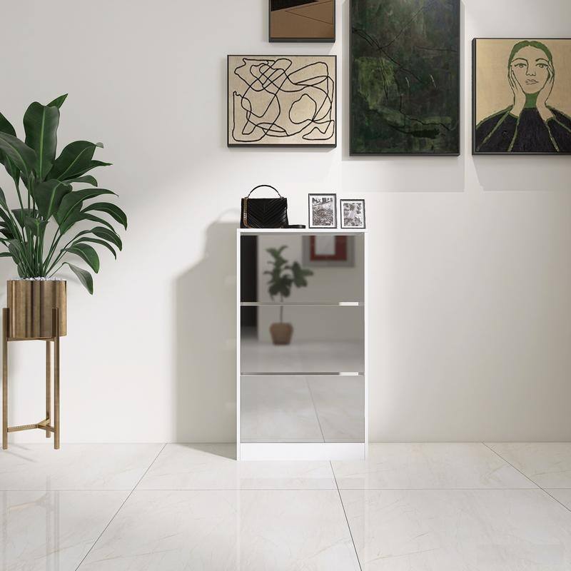 Modern Floor Standing Shoe Storage Cabinet with 3 Mirror Flip Drawers, Entryway Stylish Mirror 3 Tier Shoe Rack Organizer - Mirror