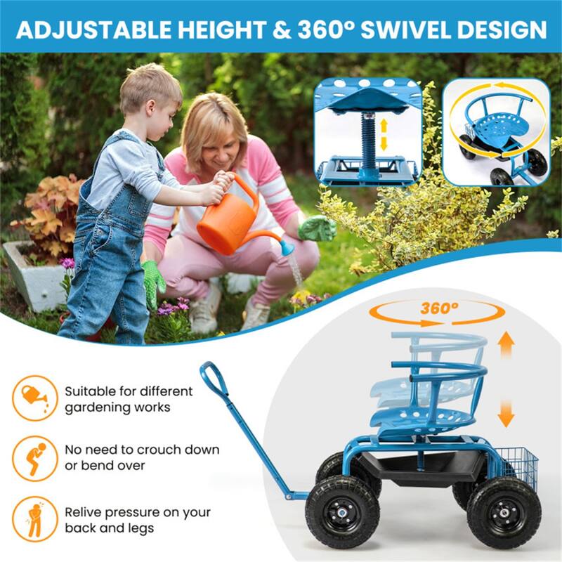 Adjustable Rolling Garden Cart with 360-Degree Swivel Seat Heavy-Duty Metal Frame Storage Basket - 35.5" x 24" x 23.5"-27"