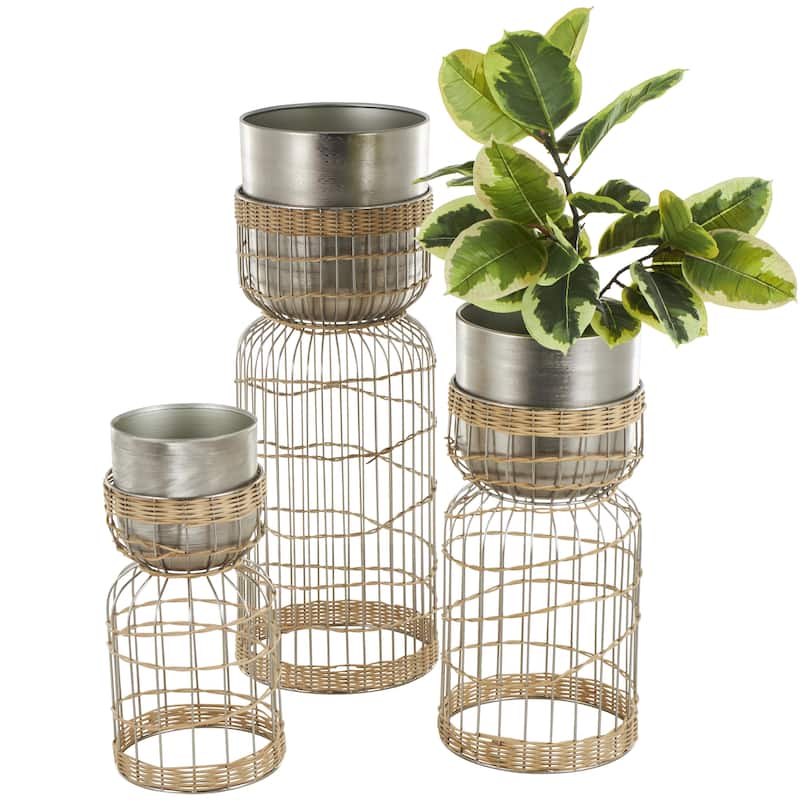 Metal Textured Dome Indoor Planter with Woven Seagrass or Rattan and Cage Rod Base - Set of 3 Gold or Silver - Roche River Decor - Silver - 30", 23", 18"H