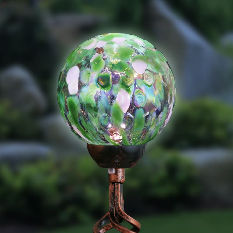 Exhart Solar Pearlized Honeycomb Glass Ball Garden Stake with Metal Finial, 4 by 31 Inches - Green