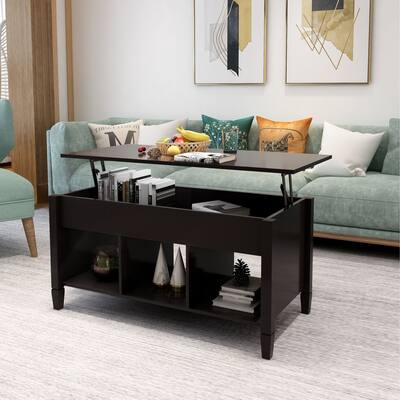 Lift Top Coffee Table sliding door for storage, solid wood legs, Modern table for living room