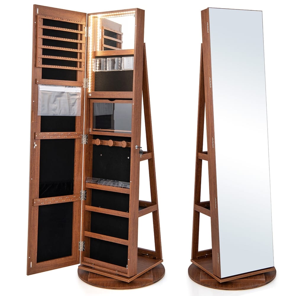 Gymax Rotating Mirrored Jewelry Cabinet with Mirror Storage Shelves