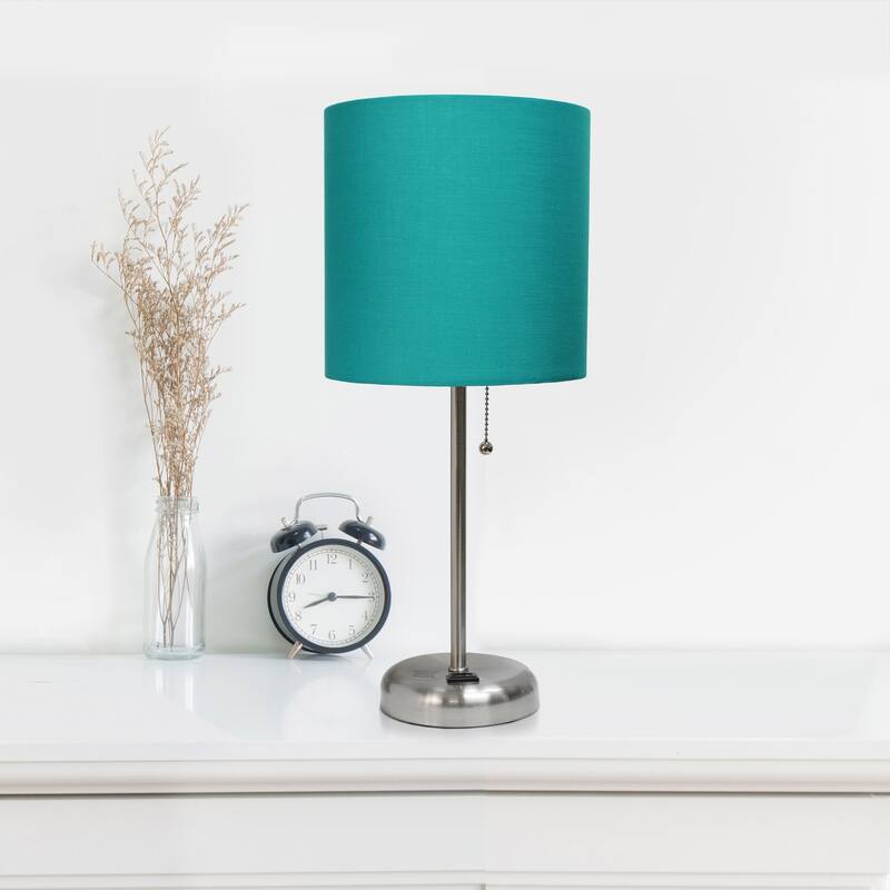 19.5 in. Brushed Steel Finish Table Lamp with Blue Shade, Durable Stick Lamp for End/Side Tables, Set of 2