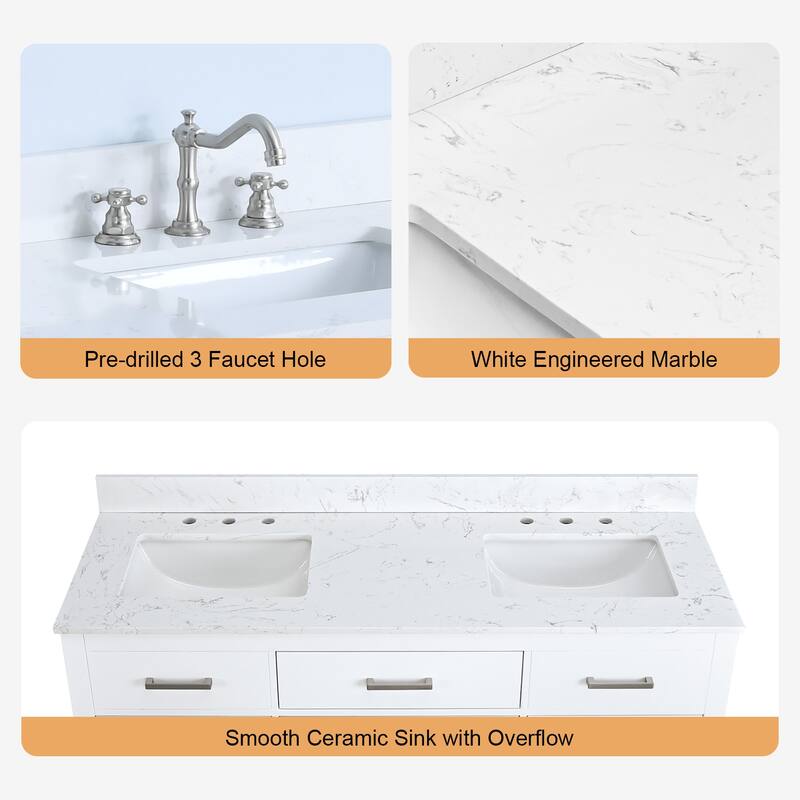 Prismatica Double Sinks Bathroom Vanity 60 in White, Marble Top & Splash