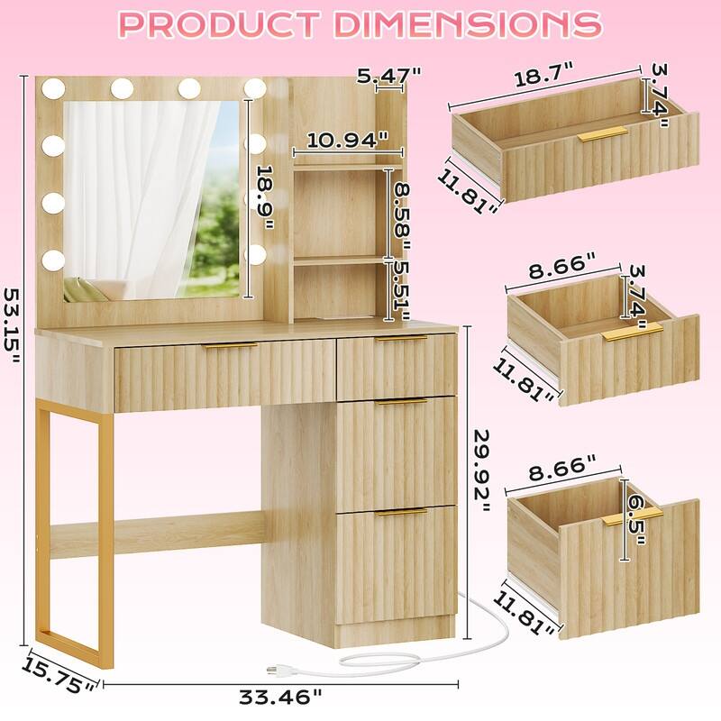 Particle Board Veneered with Textured Melamine 4-drawer 2-shelf with 10 Three-color Dimmable Bulbs Dressing Table - N/A